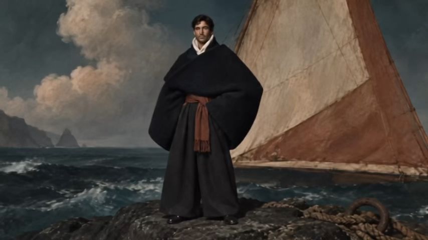 Man in traditional Canarian dress on a rocky shore