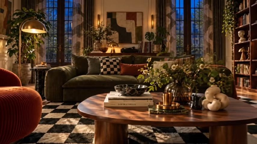 Furnished period living room with velvet sofa and checkerboard floor