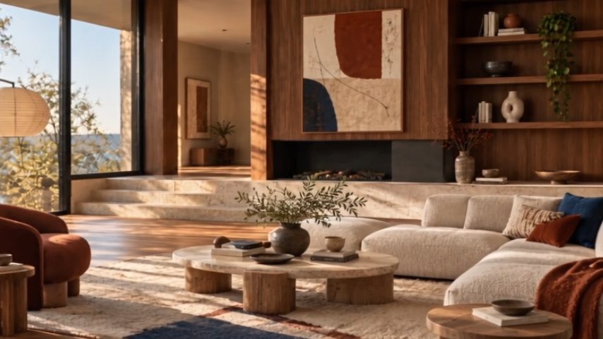Modern living room with lake view and curved sofas