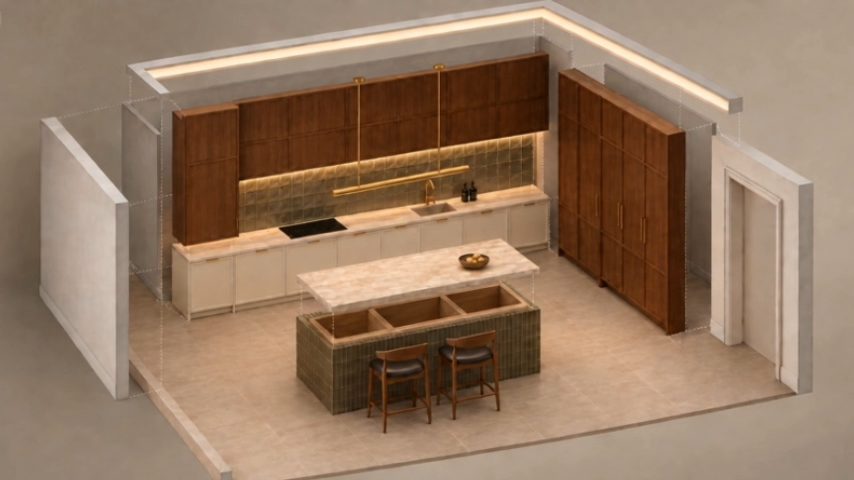 Isometric kitchen with walnut cabinets and green-tiled island