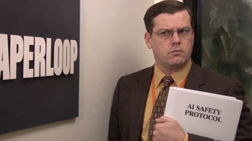 Office parody character holding an AI Safety Protocol binder