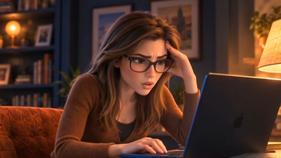 Still Here — animated woman frowning at her laptop