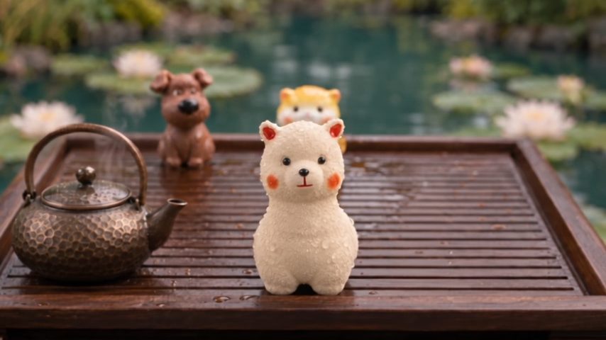 Ceramic tea pet figurines on a wooden tea tray by a lotus pond