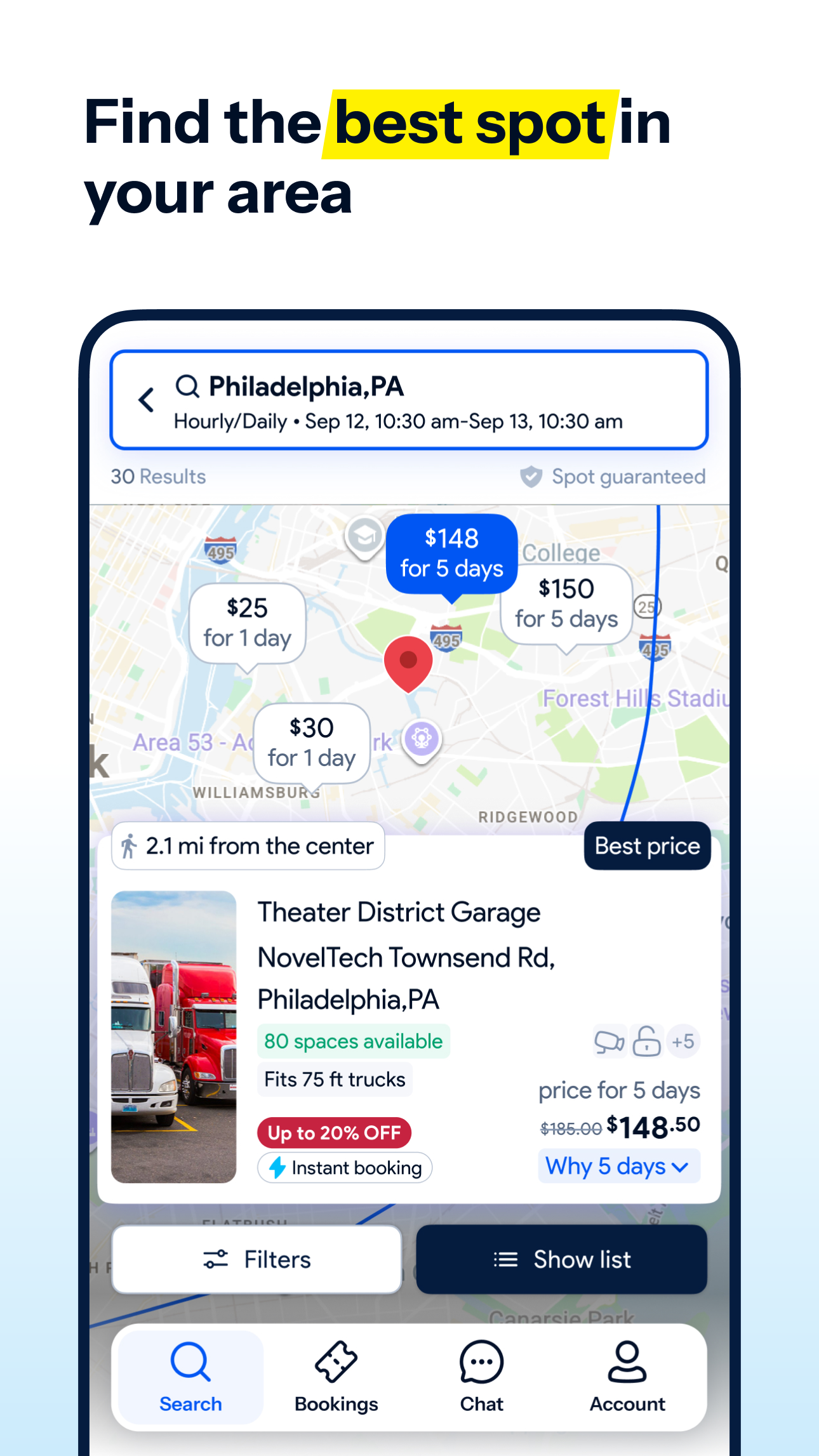 TruxSpot app map and pricing screen